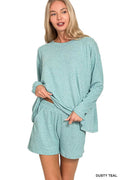 Zenana Soft Melange Long Sleeve Tee and Shorts Set - Rooted & Reckless Co.