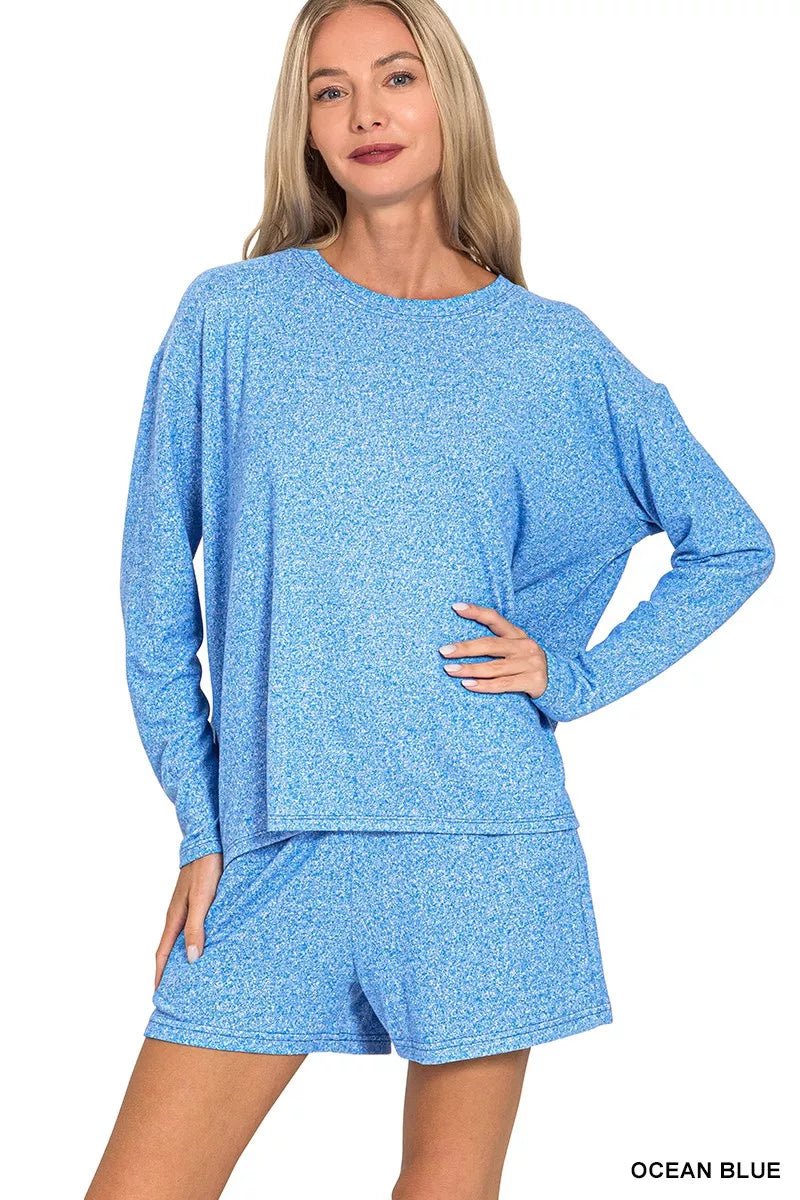 Zenana Soft Melange Long Sleeve Tee and Shorts Set - Rooted & Reckless Co.