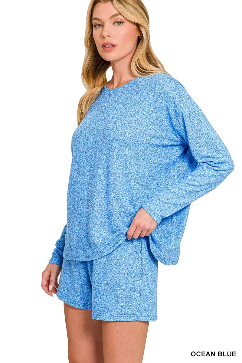 Zenana Soft Melange Long Sleeve Tee and Shorts Set - Rooted & Reckless Co.
