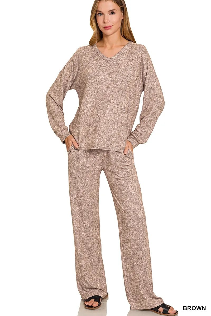Zenana Soft Melange Long Sleeve Tee & Pants Set - Rooted & Reckless Co.