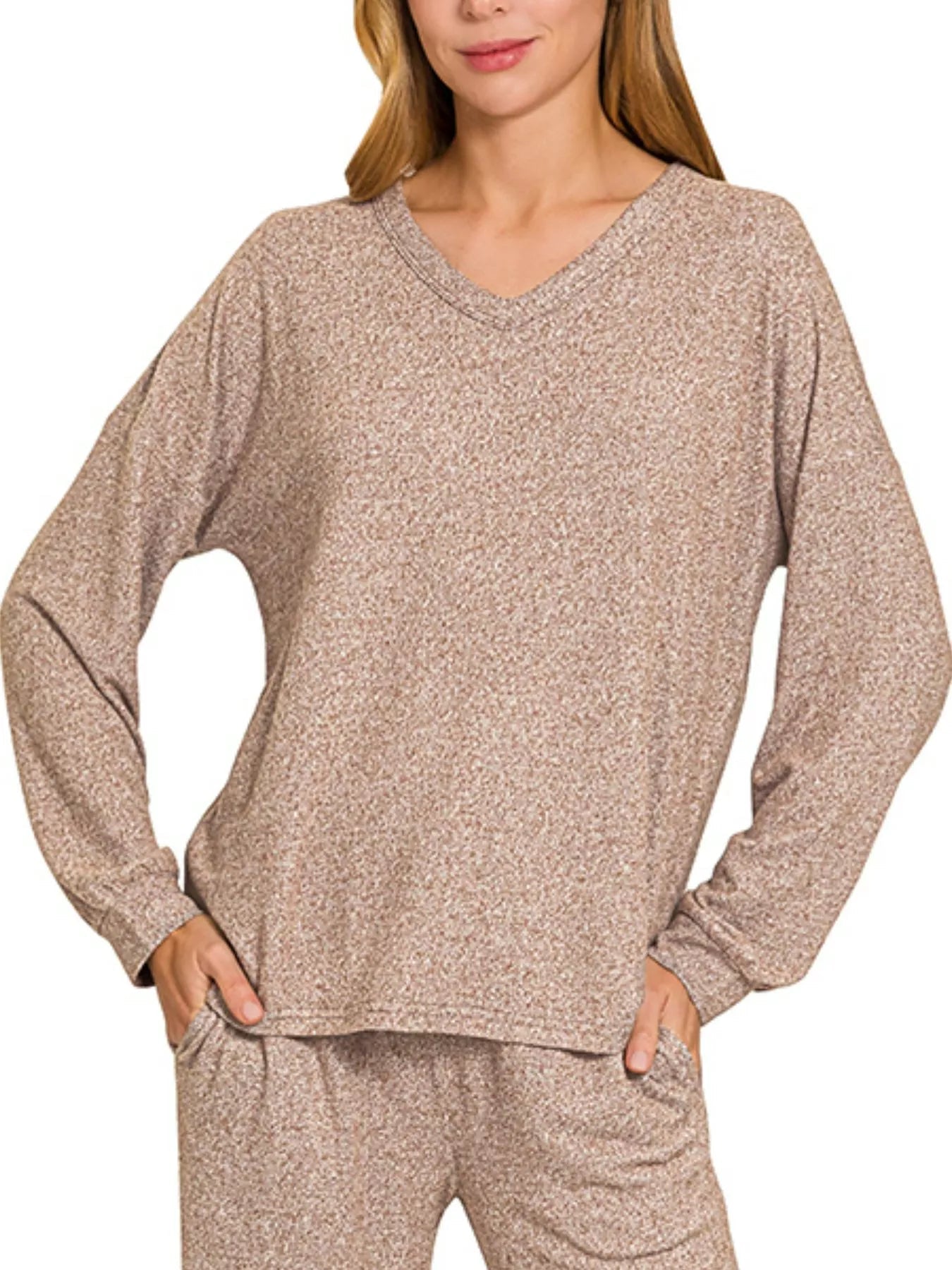 Zenana Soft Melange Long Sleeve Tee & Pants Set - Rooted & Reckless Co.