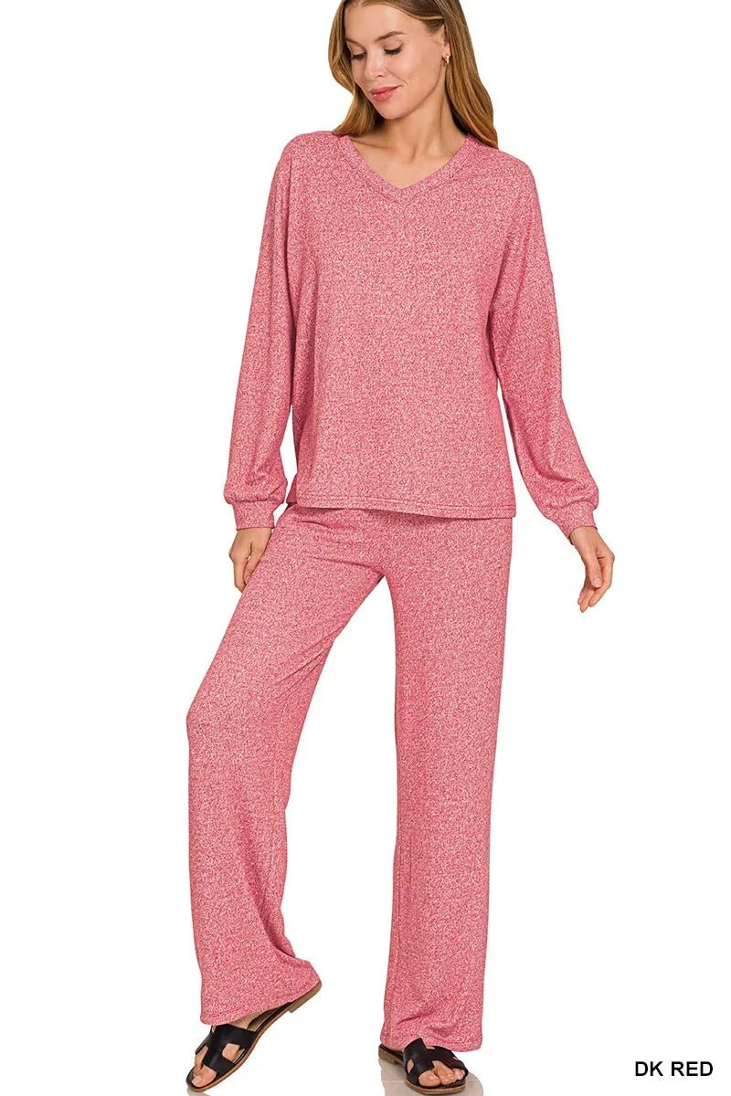 Zenana Soft Melange Long Sleeve Tee & Pants Set - Rooted & Reckless Co.