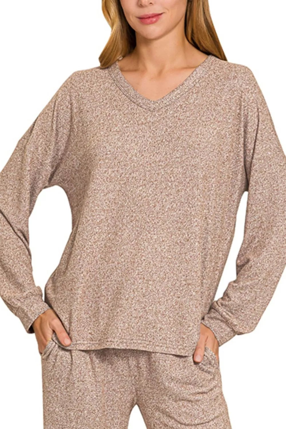Zenana Soft Melange Long Sleeve Tee & Pants Set - Rooted & Reckless Co.