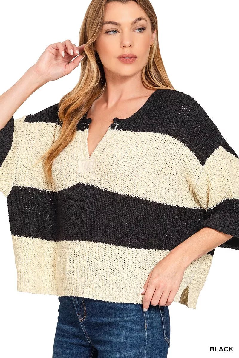Zenana Split Neck Stripe Sweater - Rooted & Reckless Co.