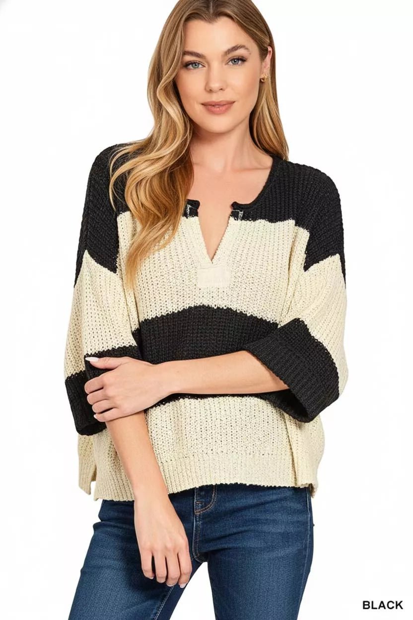 Zenana Split Neck Stripe Sweater - Rooted & Reckless Co.
