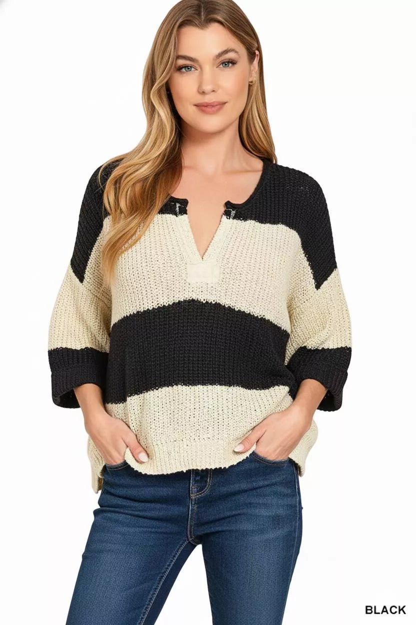 Zenana Split Neck Stripe Sweater - Rooted & Reckless Co.