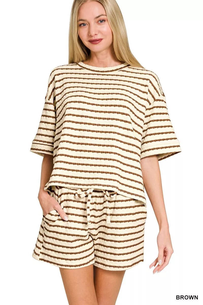 Zenana Striped Short Sleeve Tee & Shorts Set - Rooted & Reckless Co.