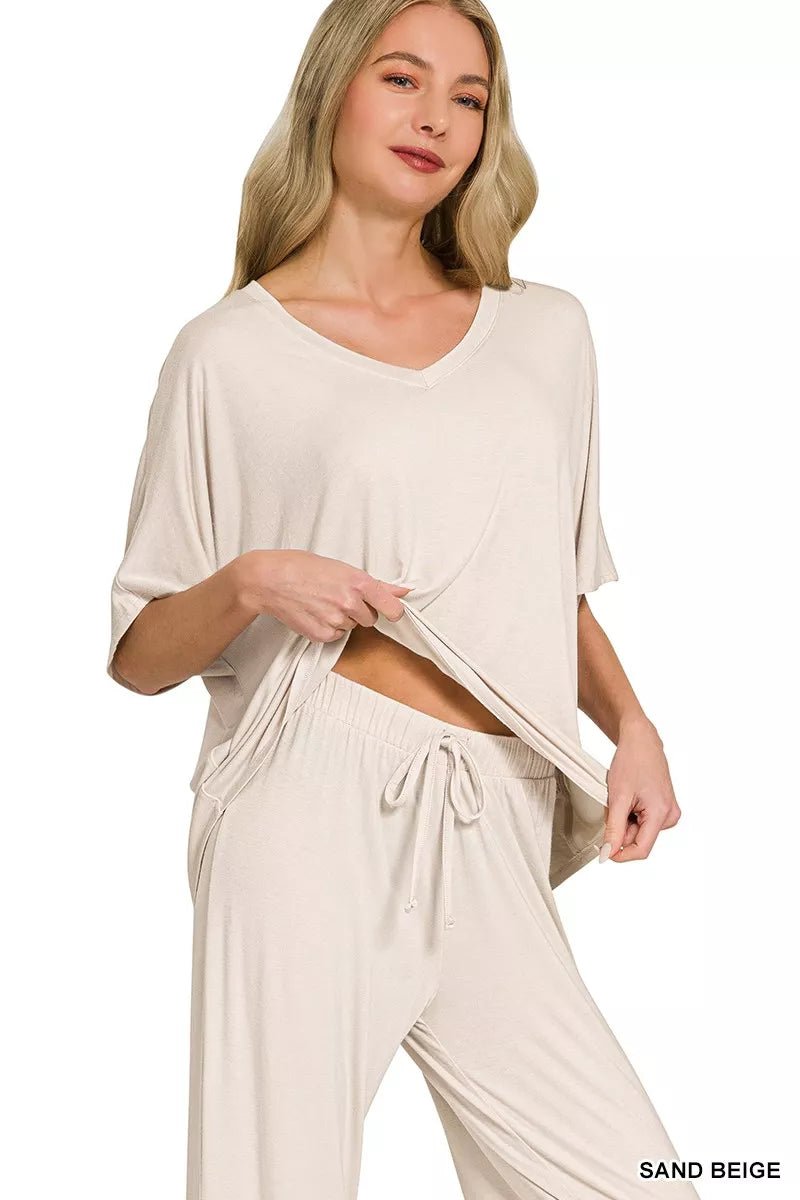 Zenana V-Neck Oversized Top & Pants Set - Rooted & Reckless Co.