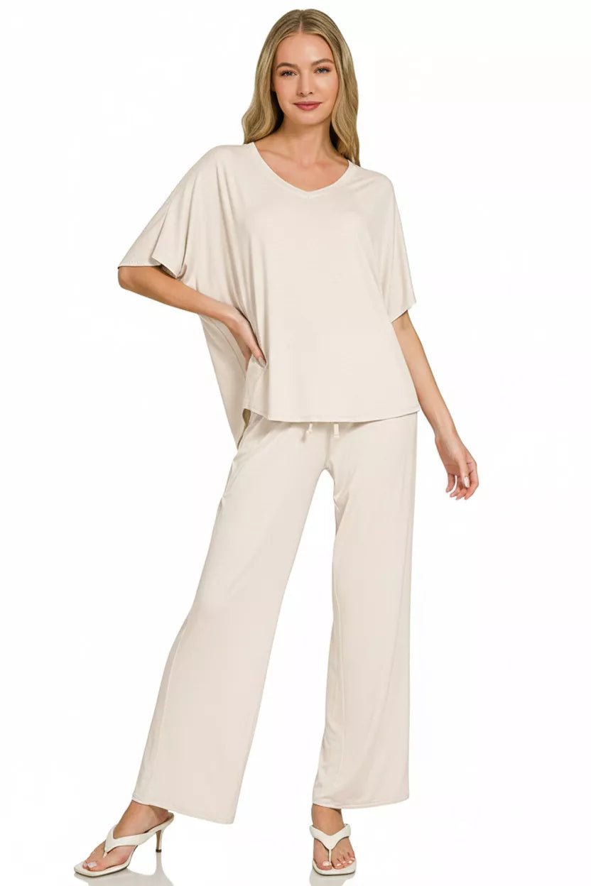 Zenana V-Neck Oversized Top & Pants Set - Rooted & Reckless Co.