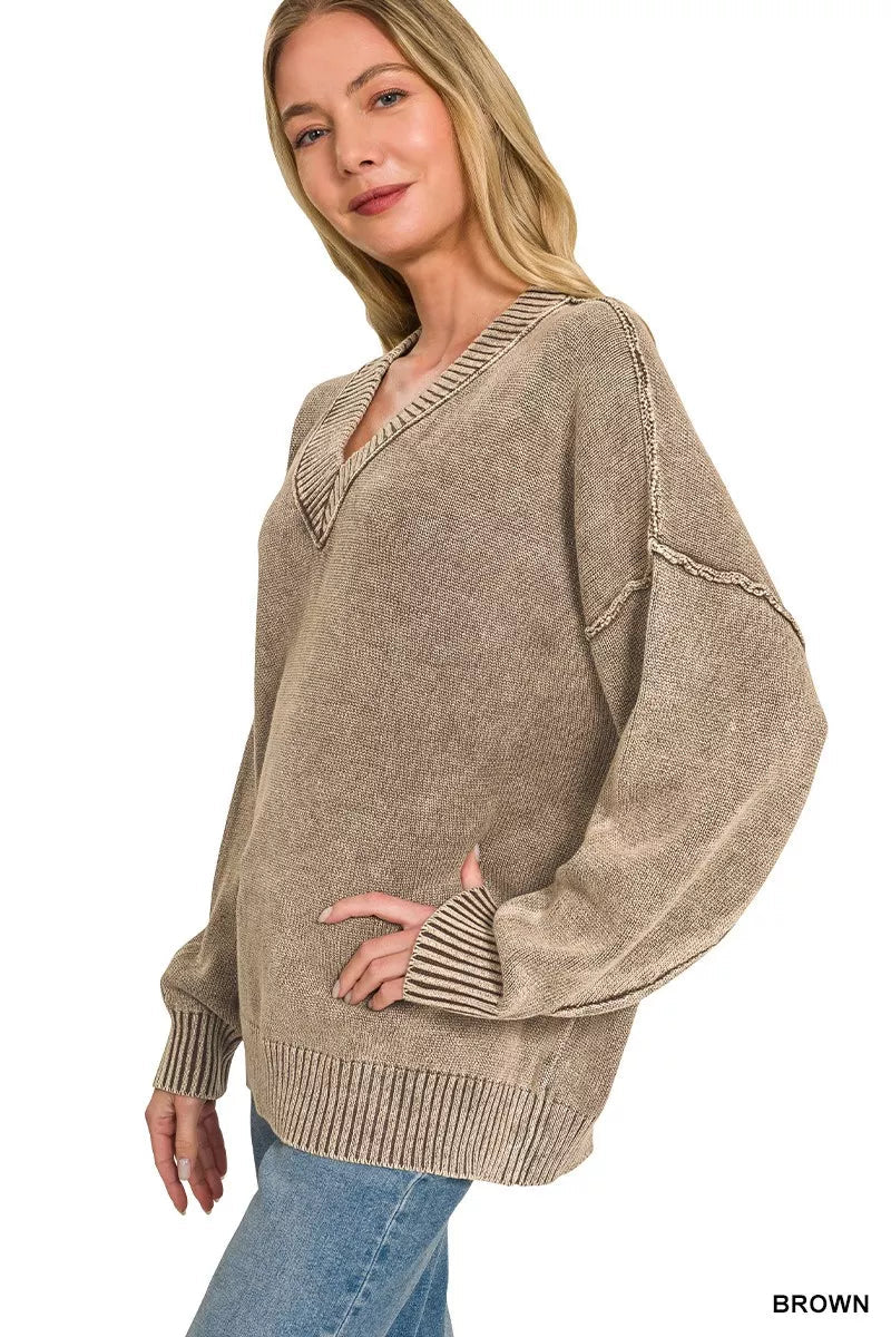 Zenana Washed Deep V-neck Oversized Sweater - Rooted & Reckless Co.