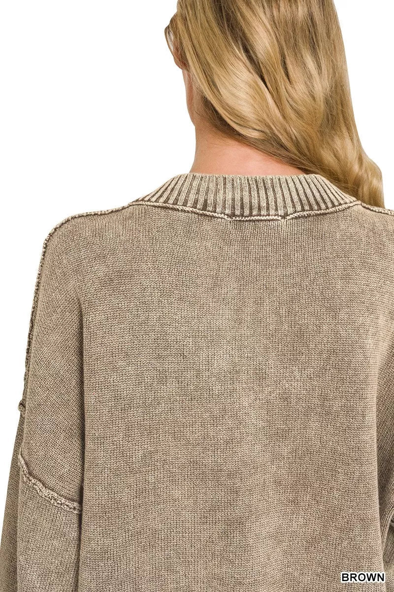 Zenana Washed Deep V-neck Oversized Sweater - Rooted & Reckless Co.