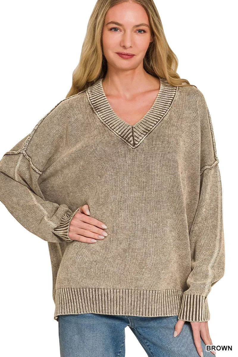 Zenana Washed Deep V-neck Oversized Sweater - Rooted & Reckless Co.