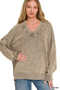Zenana Washed Deep V-neck Oversized Sweater - Rooted & Reckless Co.