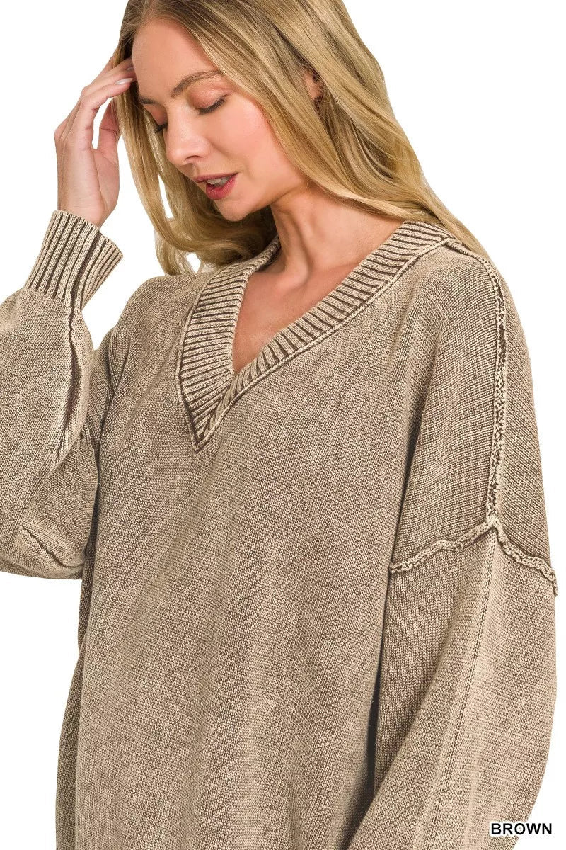 Zenana Washed Deep V-neck Oversized Sweater - Rooted & Reckless Co.