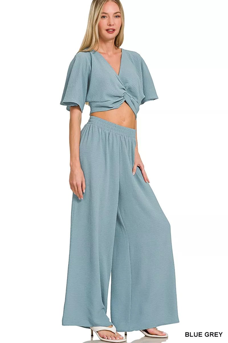 Zenana Woven Airflow Twisted Top & Wide Leg Pants Set - Rooted & Reckless Co.