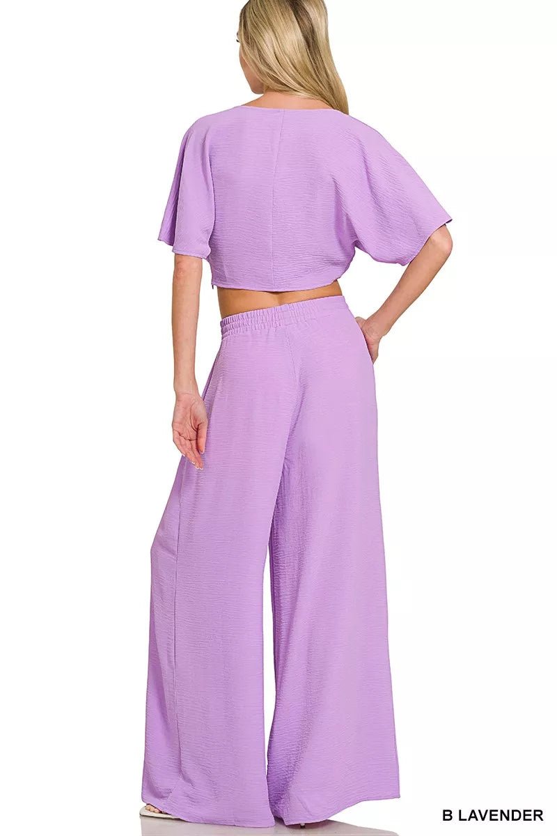 Zenana Woven Airflow Twisted Top & Wide Leg Pants Set - Rooted & Reckless Co.