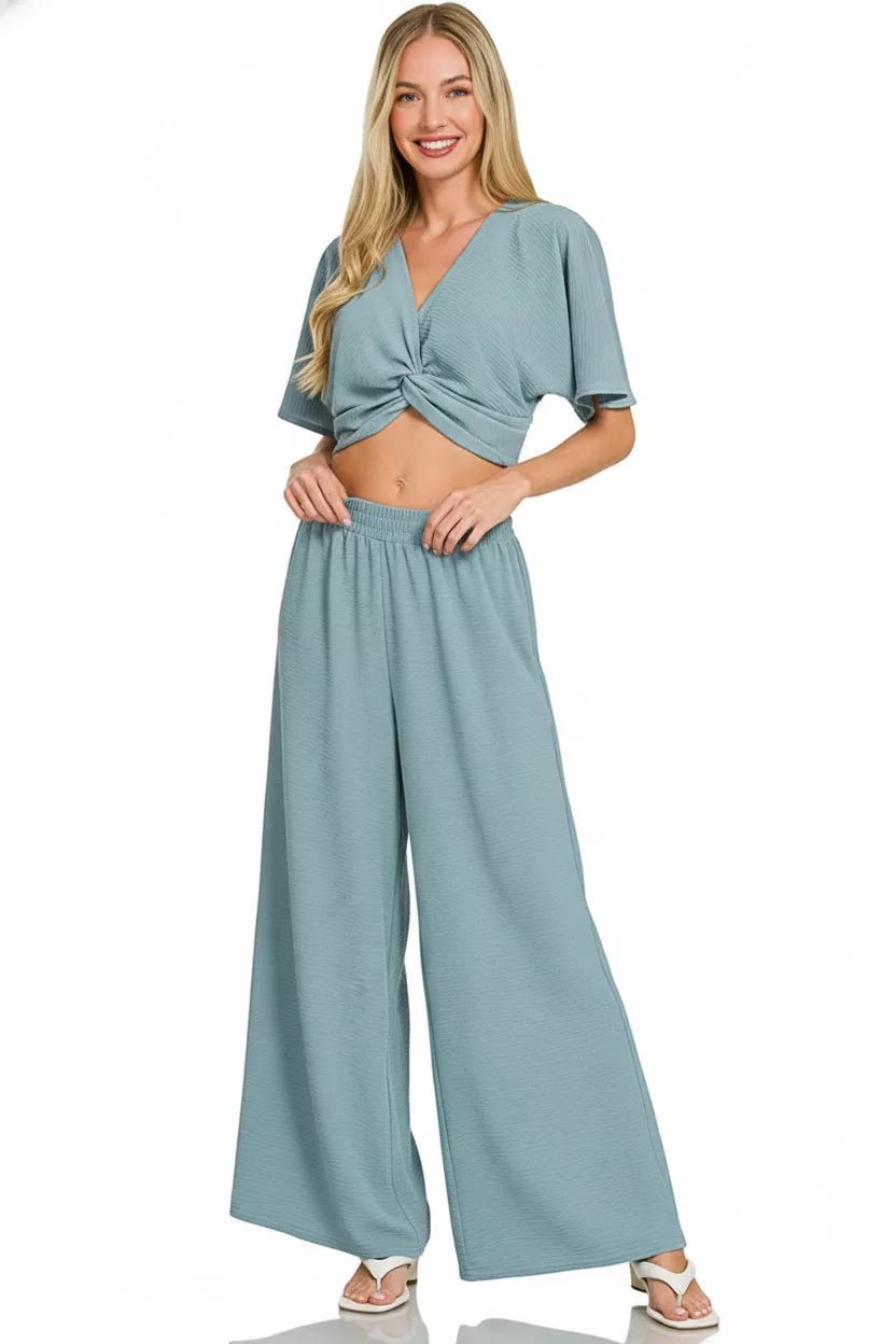 Zenana Woven Airflow Twisted Top & Wide Leg Pants Set - Rooted & Reckless Co.