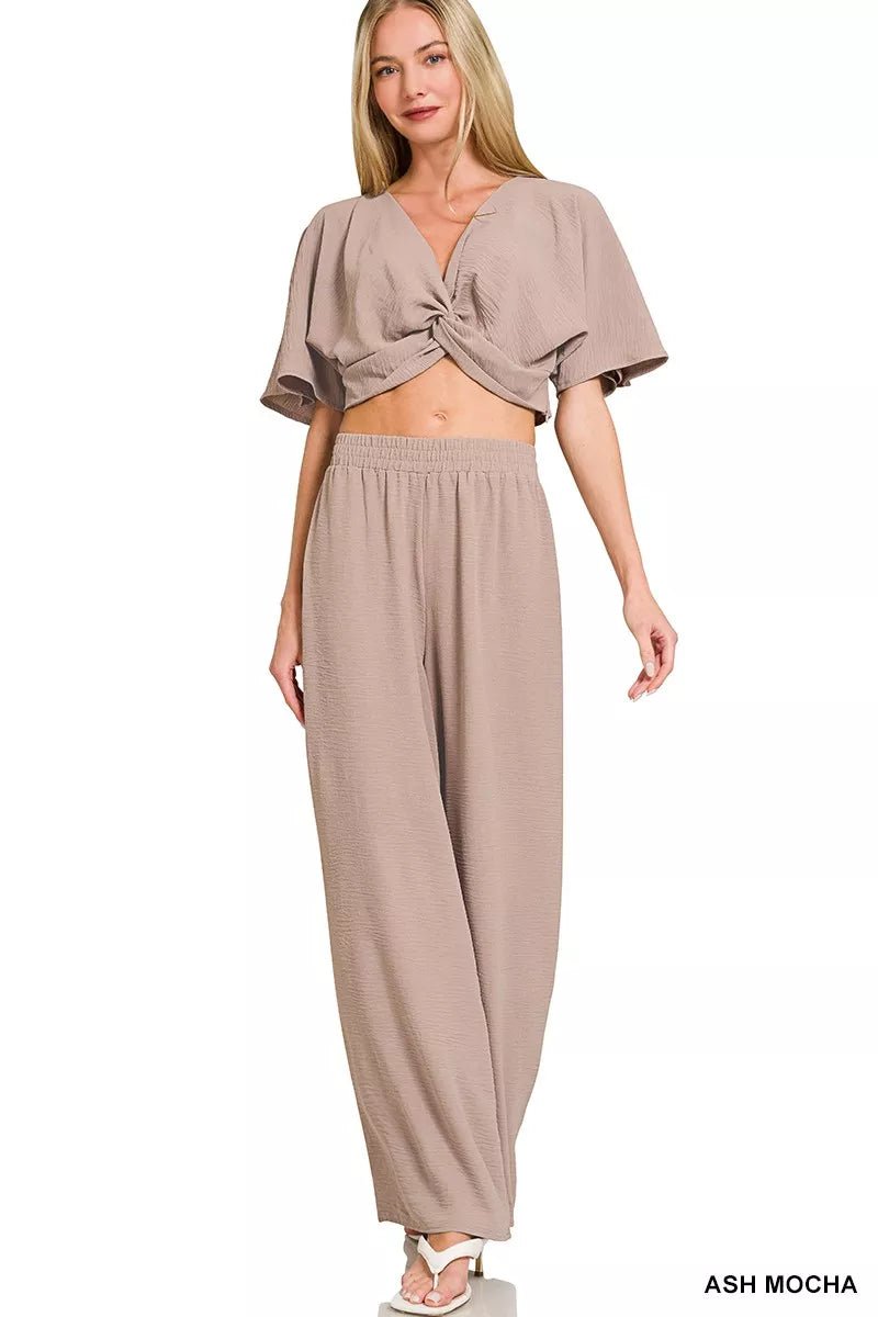 Zenana Woven Airflow Twisted Top & Wide Leg Pants Set - Rooted & Reckless Co.