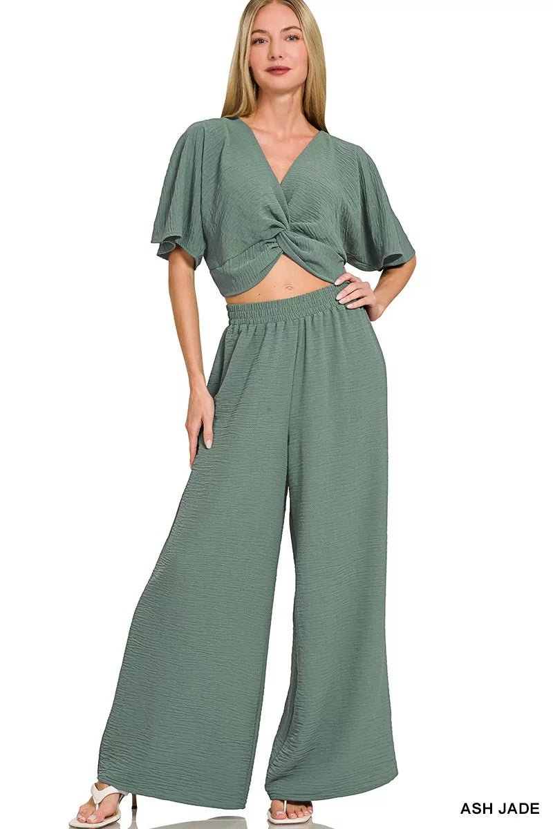 Zenana Woven Airflow Twisted Top & Wide Leg Pants Set - Rooted & Reckless Co.