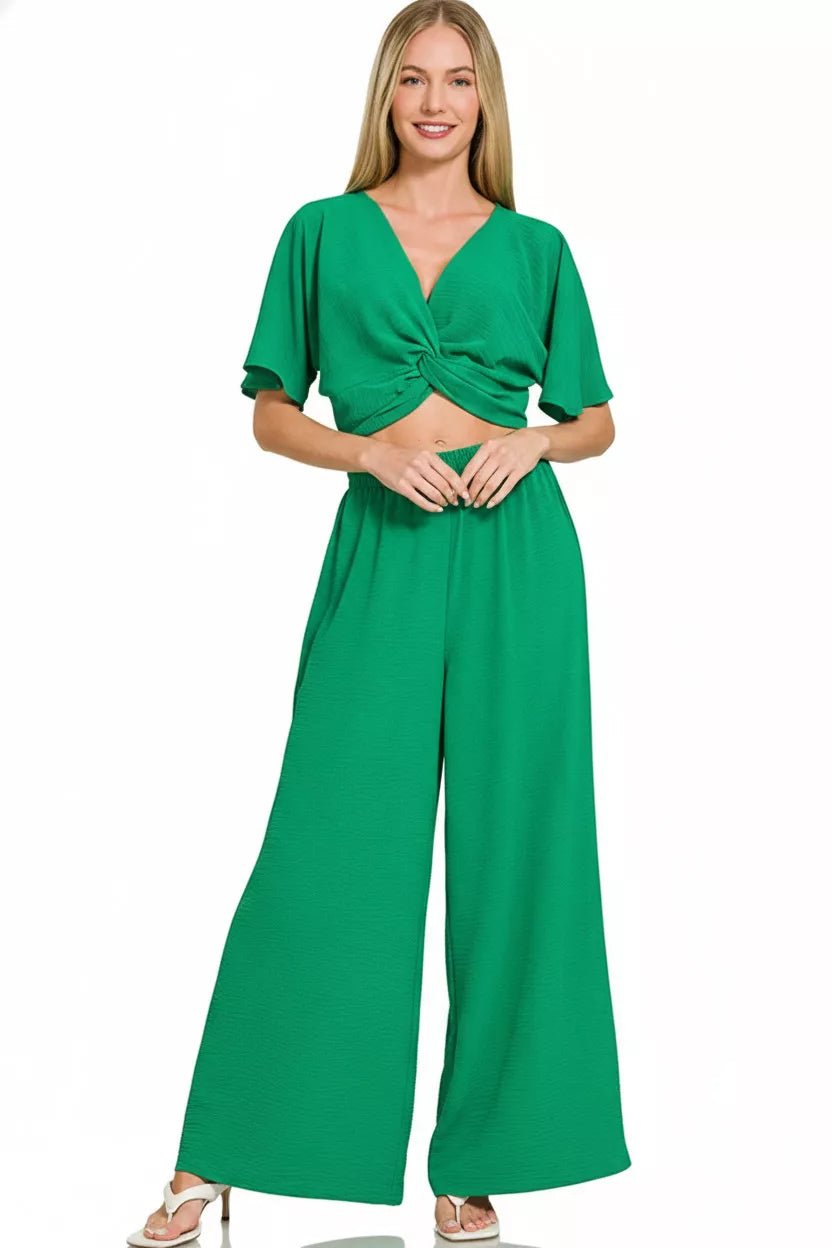 Zenana Woven Airflow Twisted Top & Wide Leg Pants Set - Rooted & Reckless Co.