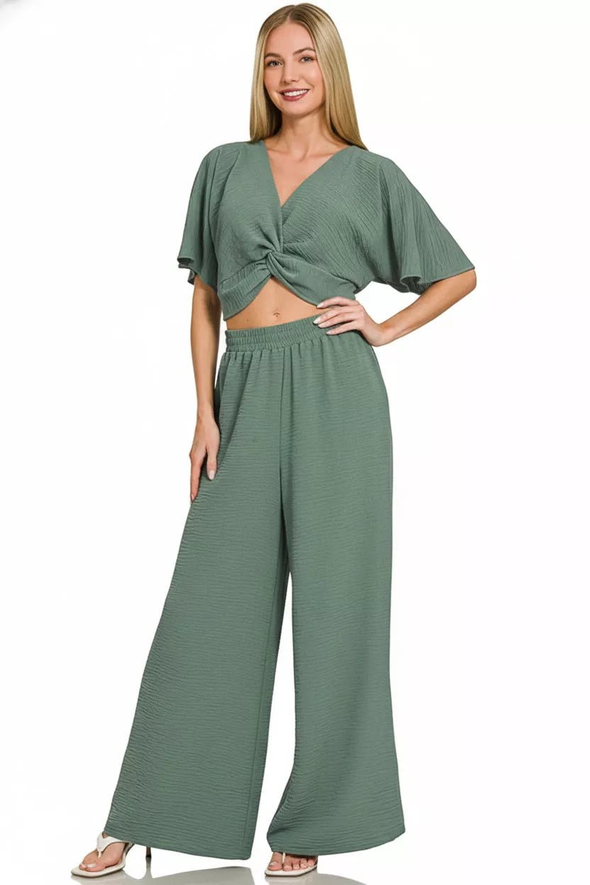 Zenana Woven Airflow Twisted Top & Wide Leg Pants Set - Rooted & Reckless Co.