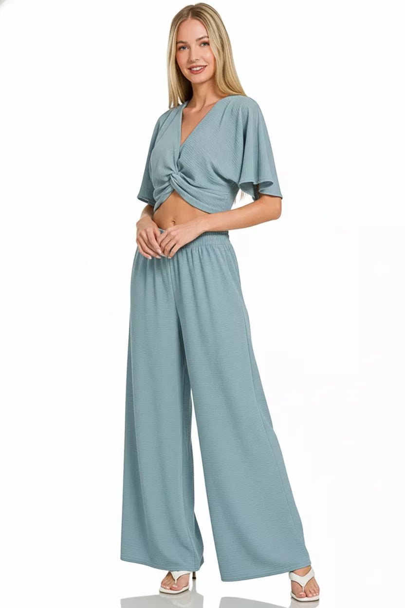 Zenana Woven Airflow Twisted Top & Wide Leg Pants Set - Rooted & Reckless Co.