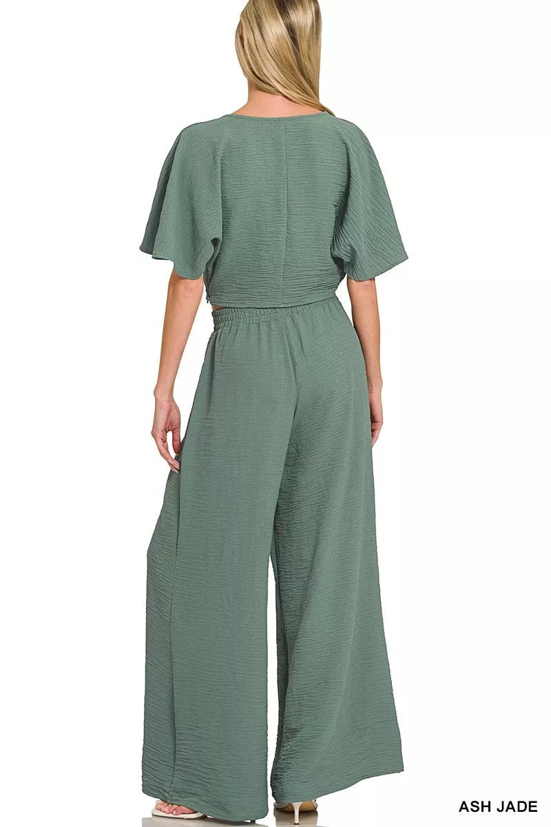Zenana Woven Airflow Twisted Top & Wide Leg Pants Set - Rooted & Reckless Co.