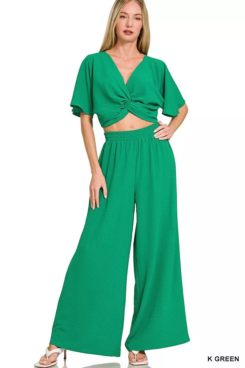 Zenana Woven Airflow Twisted Top & Wide Leg Pants Set - Rooted & Reckless Co.