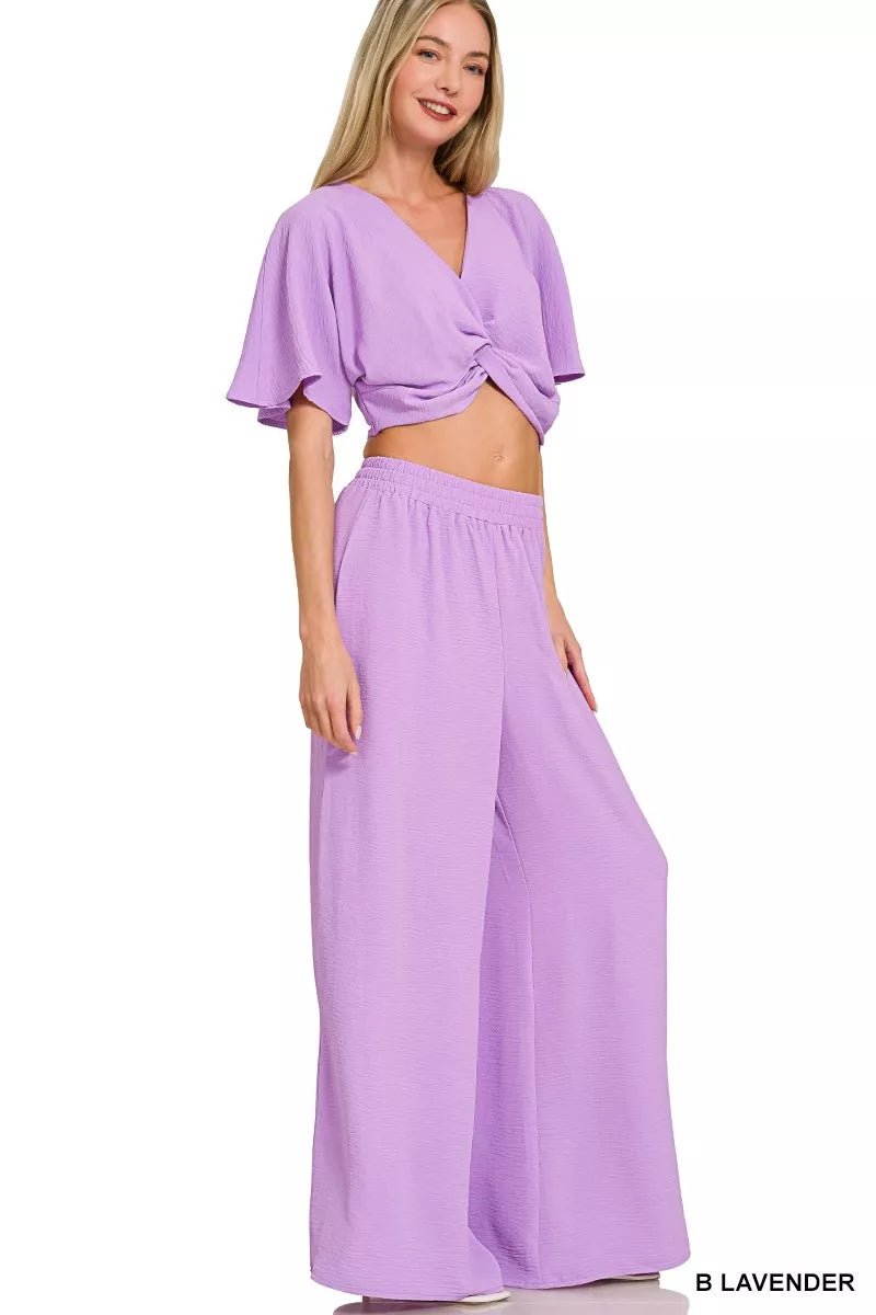 Zenana Woven Airflow Twisted Top & Wide Leg Pants Set - Rooted & Reckless Co.