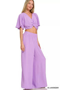 Zenana Woven Airflow Twisted Top & Wide Leg Pants Set - Rooted & Reckless Co.