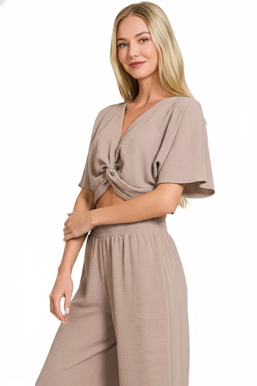 Zenana Woven Airflow Twisted Top & Wide Leg Pants Set - Rooted & Reckless Co.