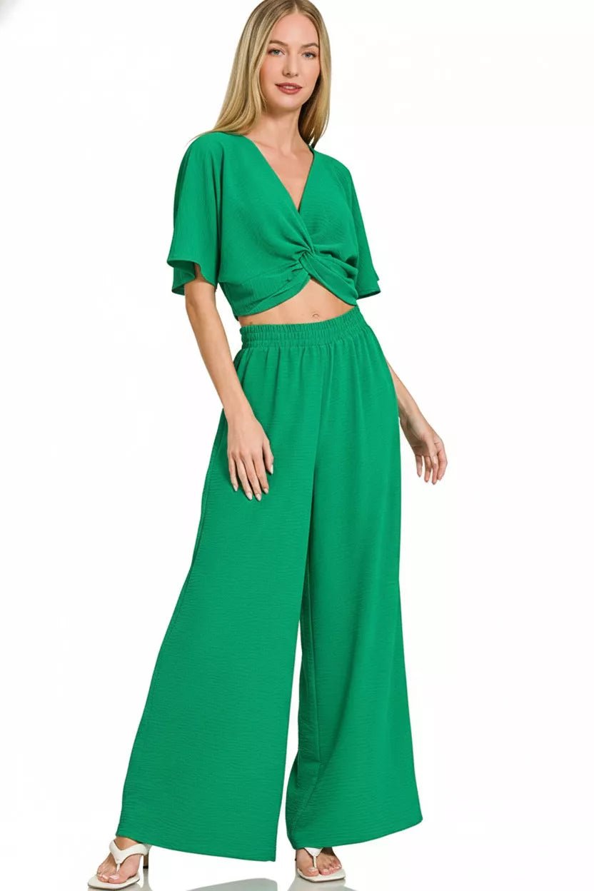 Zenana Woven Airflow Twisted Top & Wide Leg Pants Set - Rooted & Reckless Co.
