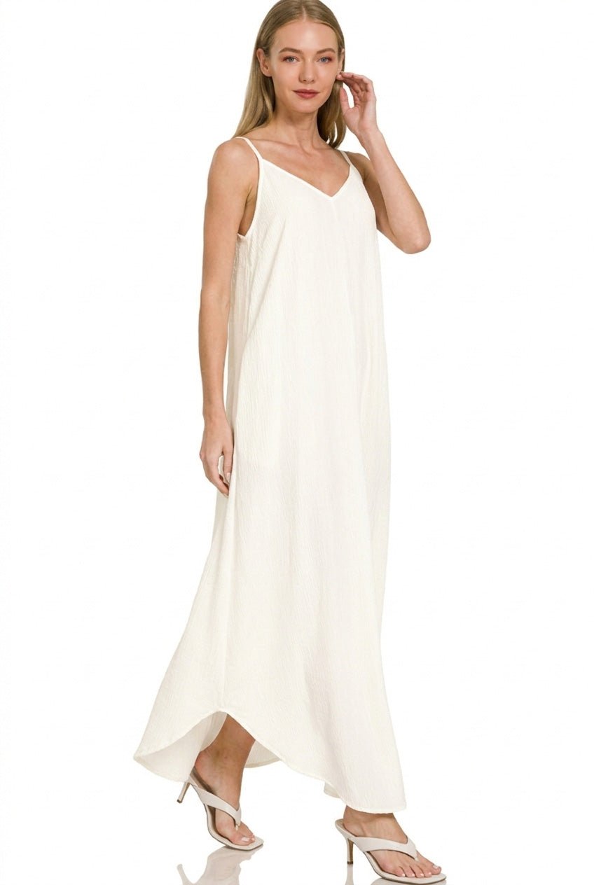 Zenana Woven Crinkle Cami Maxi Dress with Side Pockets - Rooted & Reckless Co.