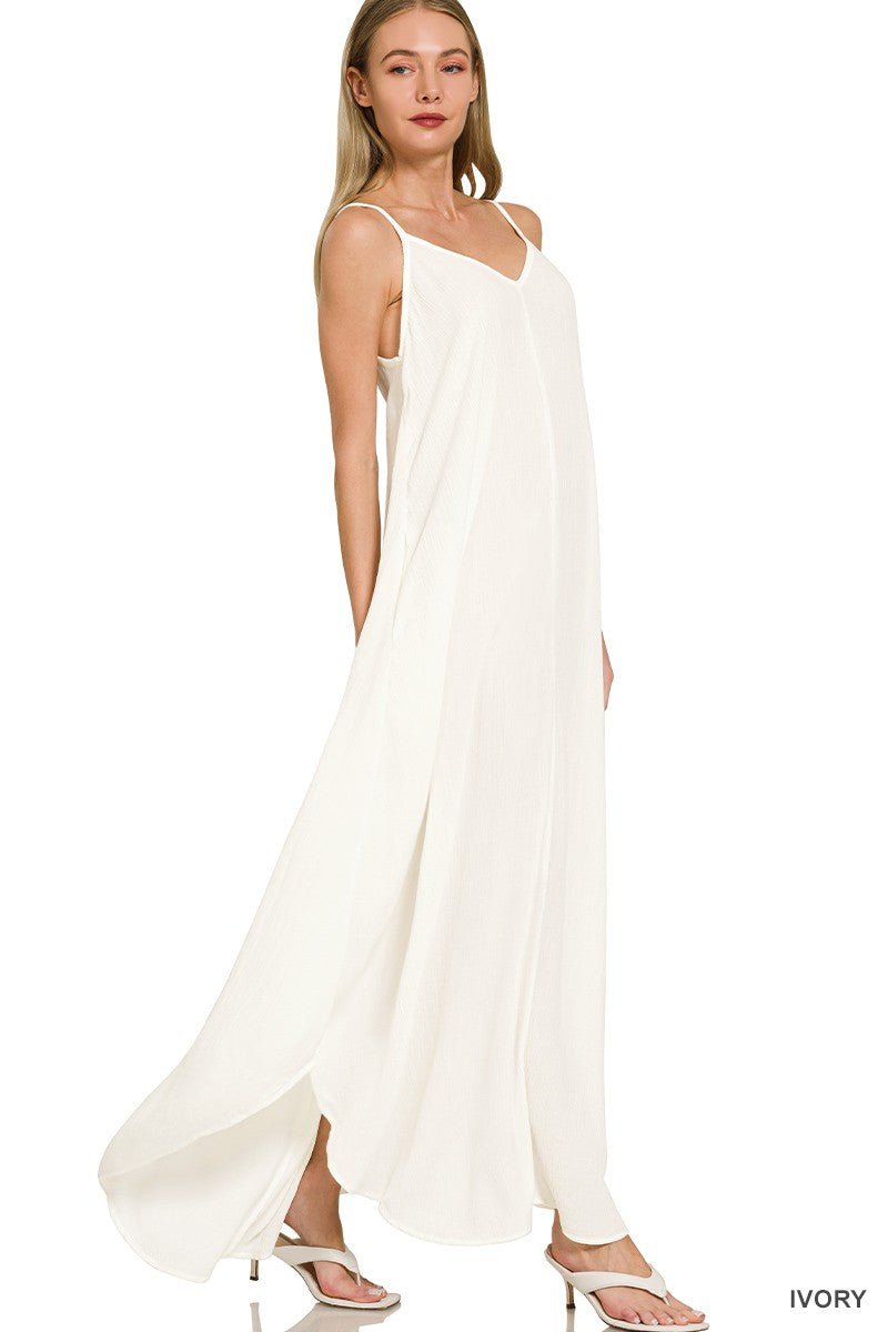 Zenana Woven Crinkle Cami Maxi Dress with Side Pockets - Rooted & Reckless Co.