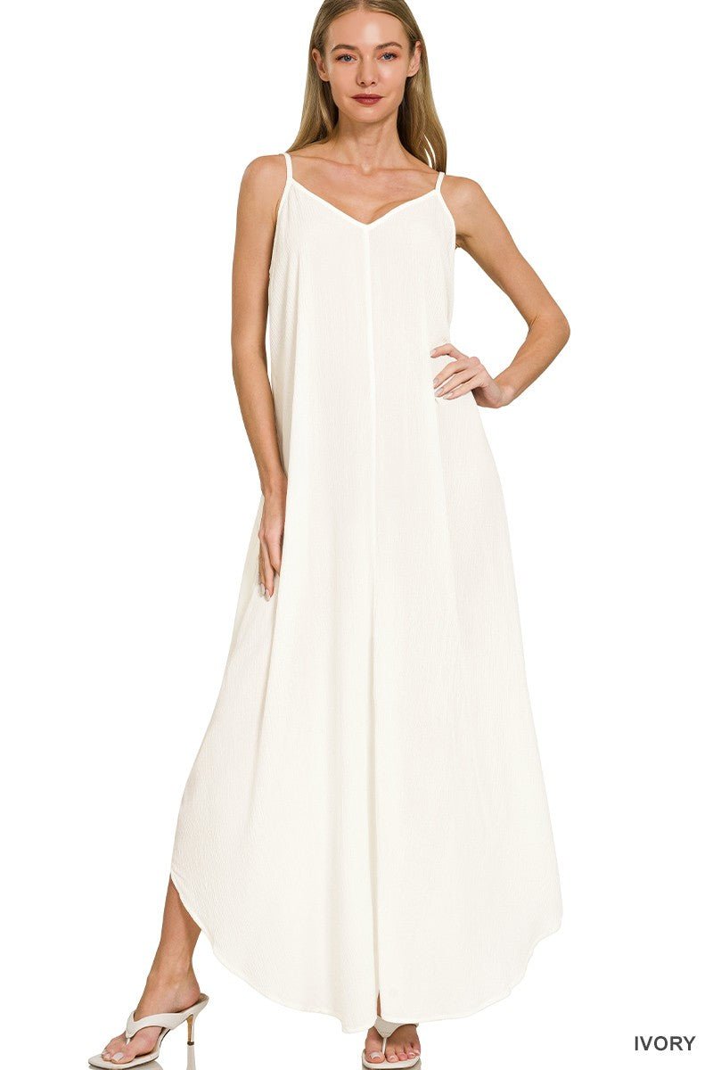 Zenana Woven Crinkle Cami Maxi Dress with Side Pockets - Rooted & Reckless Co.