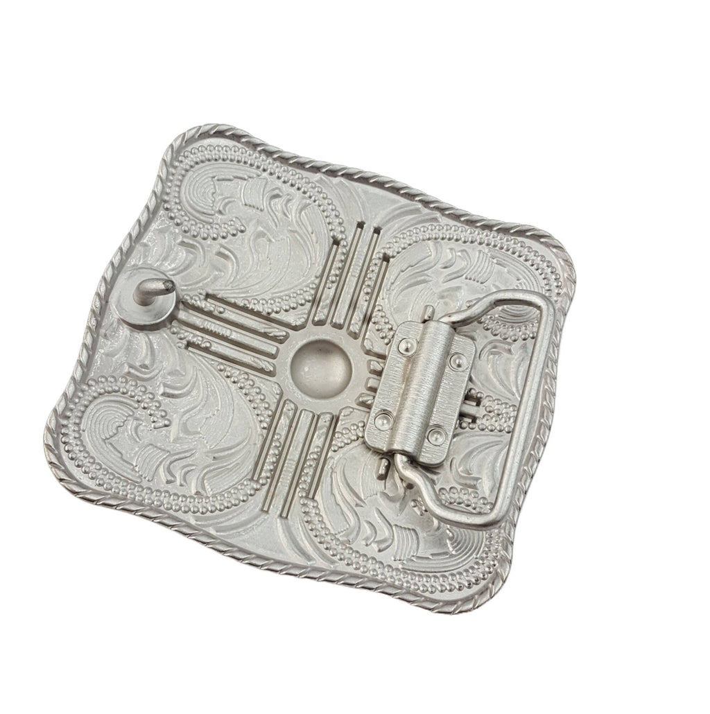 "Zia" Western Belt Buckle — Punchy Silver with Rope Edge, Etched Details & Southwestern Zia Overlay - Rooted & Reckless Co.