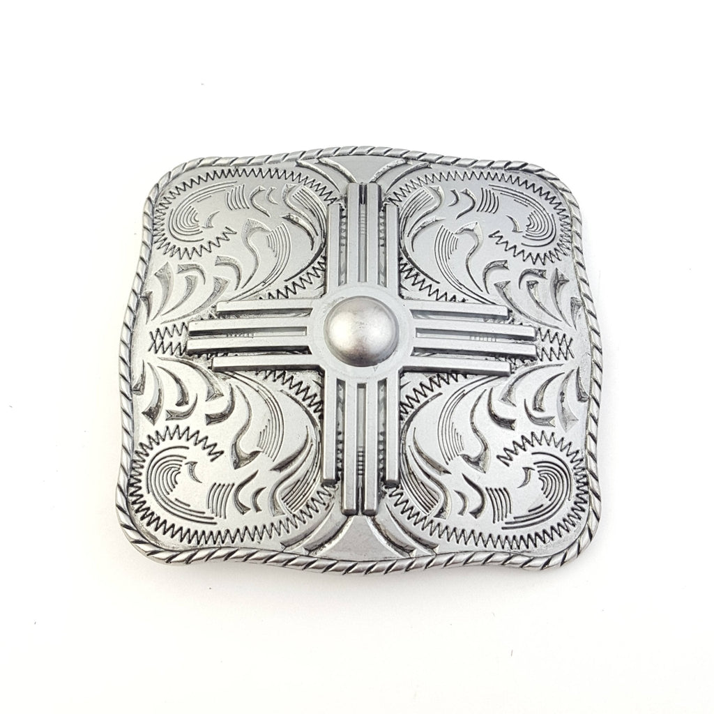 "Zia" Western Belt Buckle — Punchy Silver with Rope Edge, Etched Details & Southwestern Zia Overlay - Rooted & Reckless Co.
