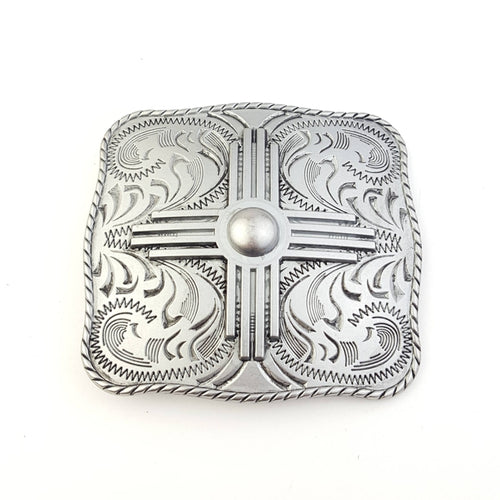 "Zia" Western Belt Buckle — Punchy Silver with Rope Edge, Etched Details & Southwestern Zia Overlay - Rooted & Reckless Co.
