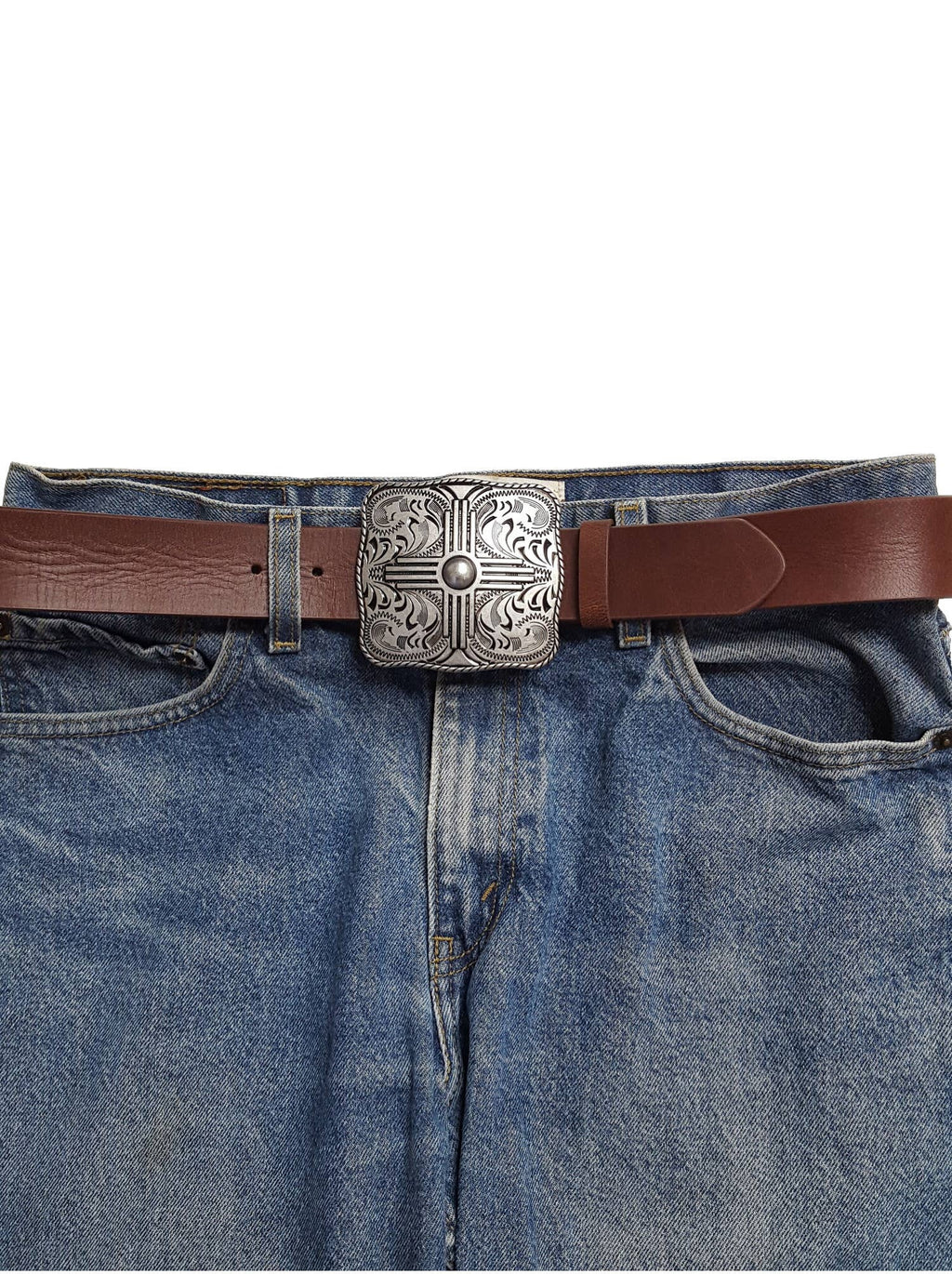 "Zia" Western Belt Buckle — Punchy Silver with Rope Edge, Etched Details & Southwestern Zia Overlay - Rooted & Reckless Co.