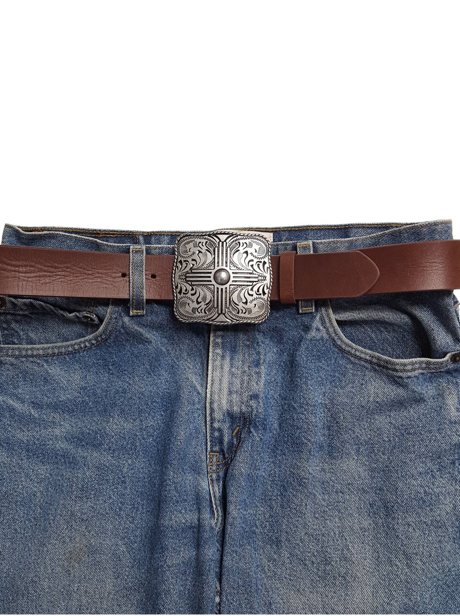 "Zia" Western Belt Buckle — Punchy Silver with Rope Edge, Etched Details & Southwestern Zia Overlay - Rooted & Reckless Co.